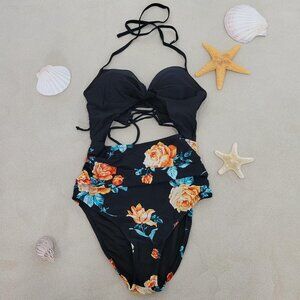 CUPSHE One Piece Swimsuit Size S Black Floral Print Halter Cutout High Waist